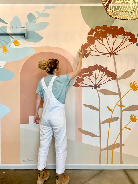 Mural artwork, contemporary arch, wild flowers blooms, eucalyptus leaves, artist painting on wall, terra cotta dusty pink beige, bleu and yellow Home Murals, Flowers Mural, Modern Boho Art, Mural Inspiration, Flowers Eucalyptus, Wall Murals Diy, Hallway Colours, Interior Murals, Flower Mural