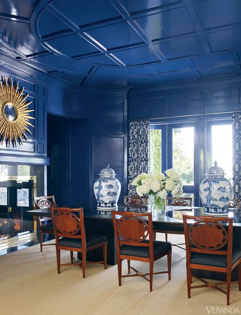 Interior design by Kelli Ford and Kirsten Fitzgibbons. Villa Tugendhat, Lacquered Walls, Blue Ceilings, Blue Rooms, Luxury House Designs, Blue Walls, Dining Room Design, Modern House Design, Girls Bedroom