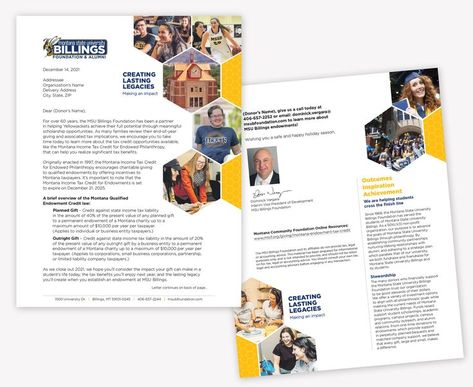 Direct mail letter to college foundation donors Foundation Branding, Fundraising Letter, Donation Letter, Montana State University, Nonprofit Marketing, Tax Credits, Letter Design, Direct Mail, Postcard Design