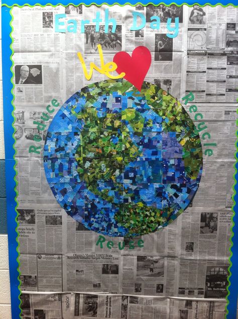 Earth Day bulletin board.  Recycled magazines... made by students. Earth Day Bulletin Board, Class Room Door, Room Door Ideas, Earth Week, Earth Day Projects, Recycled Magazines, Earth Day Crafts, Green School, Ra Ideas