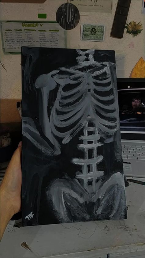 Big Art Project Ideas, Easy Gothic Painting Ideas, Spooky Painting Ideas Easy, Skeleton Painting Easy, Gothic Canvas Painting, Emo Paintings, Emo Painting Ideas, Emo Painting, Easy Spooky Paintings