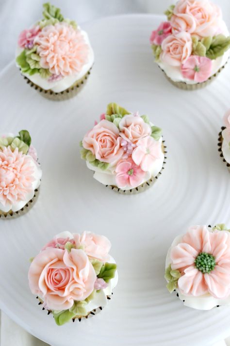 Mini Cupcakes Flowers, Bridal Shower Mini Cupcakes, Mini Floral Cupcakes, Peony Cupcakes, Baby In Bloom Cupcakes, Pink Floral Cupcakes, Flowers On Cupcakes, Pink Flower Cupcakes, Cupcakes With Flowers