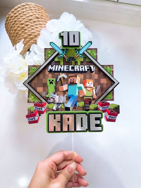 Minecraft Themed 3D Shaker Cake Topper Personalised Cake Topper Birthday Cake Topper Bricks - Etsy Malaysia Cake Banner Minecraft, Minecraft Birthday Cake Topper, Minecraft Cake Toppers Printable, Minecraft Printable Topper, Minecraft Cake Topper, Minecraft 6, Minecraft Cupcake Toppers, Personalized Cake Topper Birthday, Minecraft Party Decorations