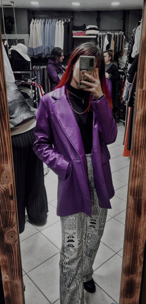 Purple Leather Jacket Outfit, Purple Leather Jacket, Leather Jacket Outfit, Purple Blazer, Leather Jacket Outfits, Jacket Outfit, Purple Leather, Stylish Fashion, Fashion Outfit