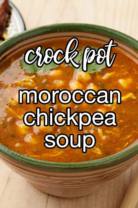 Slow Cooker Moroccan Chickpea Soup (Harira) - A little taste of North African cuisine. This Moroccan chickpea soup seems all over the place with veggies, cinnamon and pasta but it all ties together beautifully, make it and see for yourself! | CDKitchen.com Chick Pea Soup Crockpot, Crockpot Chickpea Recipes, Pea Soup Crockpot, Harira Recipe, Moroccan Chickpea Soup, Moroccan Chickpea, Crockpot Stew, Healthy Superfoods, Chickpea Soup