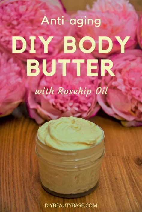 This DIY body butter recipe is for those who love using body butter on their skin and want it to do more than just moisturize and nourish. This recipe is as simple to make as your usual body butters but includes some carefully selected natural anti-aging ingredients that you will love. This anti-aging DIY body butter with Rosehip oil is an easy natural way to maintain beautiful and youthful skin.#bodybutter #rosehipoil #sheabutter #anti-aging #diybeauty #skincare Body Butter Recipe, Diy Body Butter, Body Butters, Diy Body, Butter Recipe, Rosehip Oil, Youthful Skin, Body Butter, Diy Beauty