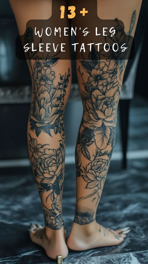 Thinking about a leg sleeve tattoo? Click to discover 13 stunning leg sleeve tattoo ideas for women that'll inspire your next ink. Unleash your style! 🌸🖋️ #LegSleeveTattoos #WomenInk #TattooIdeas #InkInspiration #TattooArt Delicate Female Sleeve Tattoo, Trad Leg Tattoos Women, Thigh To Knee Tattoo Women, Leg Tattoo Full Sleeve, Simple Leg Sleeve Tattoo Women, Half Body Tattoos For Women, Desert Landscape Tattoo Sleeve, Women Full Leg Tattoo, Leg Sleeve Fillers