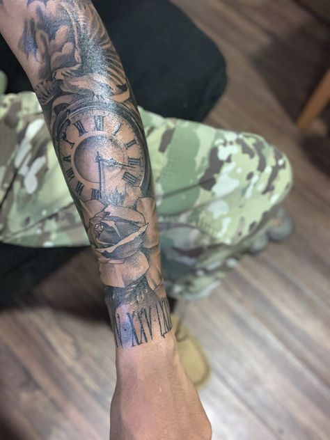 Mens Forearm Tattoos Unique, Men Outer Forearm Tattoos, Tatoos Men Fore Arm, Male Half Sleeve Tattoo, Roman Numeral Tattoo Men Forearm, Men Forearm Tattoos Sleeve, Best Forearm Tattoos For Men Ideas, Sleeve Filler Ideas Men Arm Tattoo, Inside Forearm Tattoo Men Sleeve