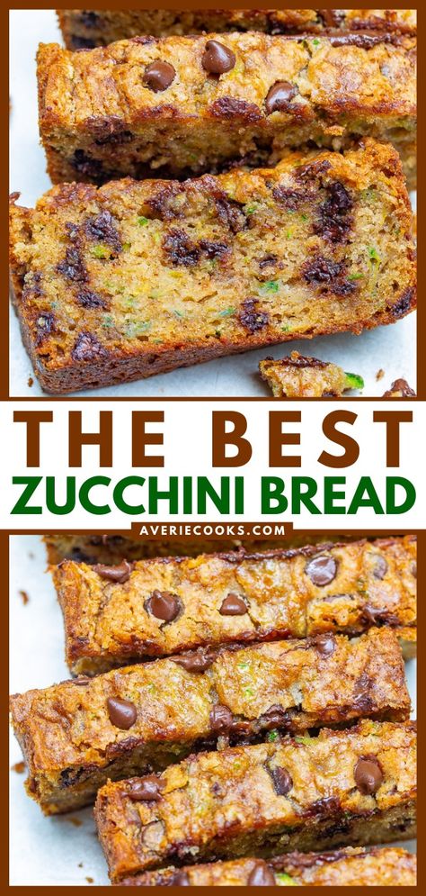 BEST EVER Chocolate Chip Zucchini Bread - Averie Cooks Mini Zucchini Bread, Store Zucchini, Carrot Zucchini Bread, The Best Zucchini Bread, Best Zucchini Bread, Chocolate Chip Zucchini Bread, Best Zucchini, Zucchini Banana, Zucchini Banana Bread