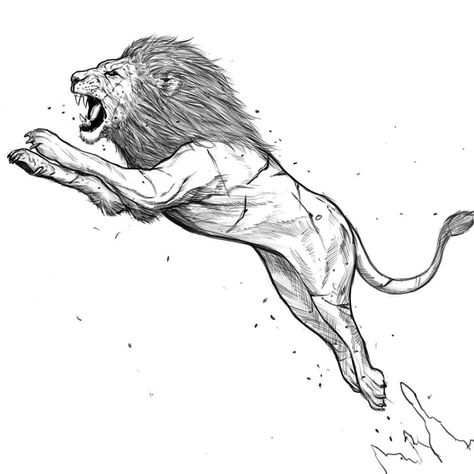 Lion Jumping Tattoo, Lion Pouncing Drawing, Lion Tattoo Patchwork, Lion Running Drawing, Running Lion Tattoo, Lion Running Tattoo, Lion Walking Tattoo, Lion Body Tattoo, Lion Drawing Tattoo