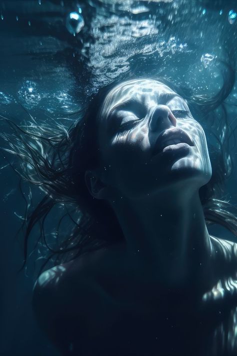 Head Submerged In Water, Water Portrait Art, Woman Underwater Painting, Water Art Photography, Person Emerging From Water, People Underwater Photography, Girl In Water Reference, Underwater Fashion Photography, Girl In Water Aesthetic