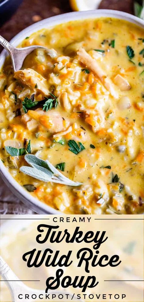 Creamy Turkey Wild Rice Soup recipe from The Food Charlatan! Use your leftover turkey and herbs from Thanksgiving to make a satisfying and healthy soup that is just what you need after all the carb loading you did on Thursday. (I know you.) The hint of lemon and the shredded carrots make this soup really unique and flavorful! #turkey #thanksgiving #christmas #broth #stock #carrots #creamy #crockpot #slowcooker #recipes #leftover #easy #healthy #homemade #carrots #lemon #leftovers #stovetop Wild Rice Soup Crockpot, Rice Soup Crockpot, Salad Combinations, Turkey Wild Rice Soup, Turkey Rice Soup, Wild Rice Soup Recipes, Carb Loading, The Food Charlatan, Cooking Wild Rice