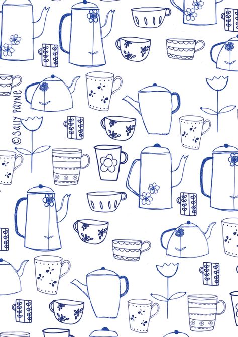 Cups Illustration, Teapot Illustration, Sally Payne, Cup Drawing, Cup Illustration, Cup Pattern, Tea Illustration, Tea Art, Bullet Journal Doodles