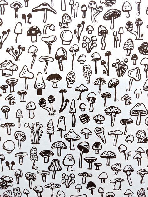 Mushrooms Mushroom Design Drawing, Hippie Doodles, Mushroom Line Art, March Bujo, Mushroom Designs, Mushroom Tattoos, Hand Doodles, Mushroom Drawing, Handpoke Tattoo