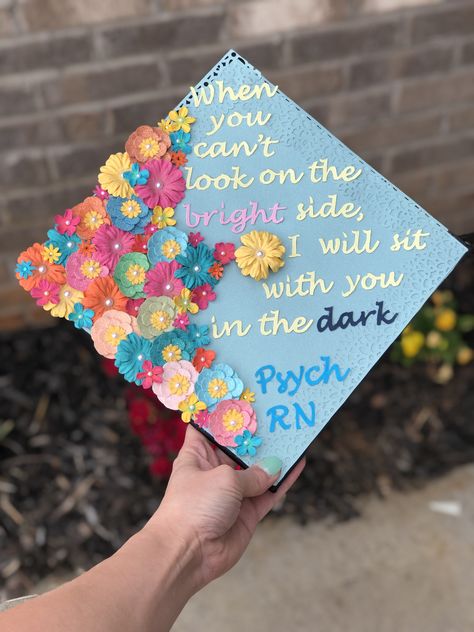 School Counseling Graduation Cap Ideas, Mft Graduation Cap Ideas, Psych Nurse Grad Cap, Psych Nurse Quotes, Graduation Cap Designs Msw, Counselor Graduation Party, Social Work Grad Cap Ideas, Pmhnp Graduation Cap, Psych Cap Graduation