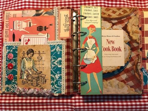 Cookbook Junk Journal, Scrapbook Recipe Book, Altered Book Journal, Recipe Scrapbook, Fabric Journals, Vintage Junk, Vintage Junk Journal, Creative Journal, Vintage Cookbooks