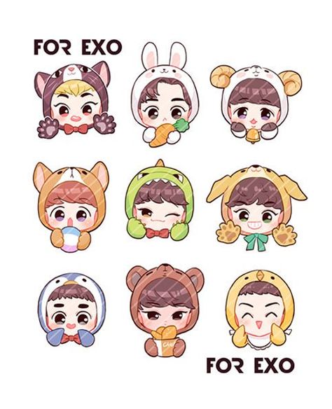 Hym on Twitter: "Want this sticker sheet for free? We will give it away in #EXOrDIUMinMalaysia this week~! 💕 Don't forget to follow @givemexoro for info~… https://t.co/jnu9hrSANb" Animal Chibi, Drawing Kpop, Animal Outfit, Moodboard Art, Exo Chibi Fanart, I Love You Words, Exo Stickers, Chibi Reference, Chi Bi