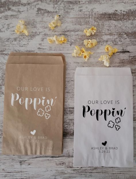 Wedding Party Favors | Our Love is Poppin | Engagement Favors | Bridal Shower | Wedding Popcorn Bags | Personalized Wedding Treat Bags Popcorn Engagement Party, Wedding Renewal Ideas 10 Year, Popcorn Bags Diy, Popcorn Wedding Favors For Guests, Popcorn Engagement Favors, Garrett Popcorn Wedding Favor, Popcorn Bar Wedding Signs, Popcorn Bags Wedding, Hay Wedding