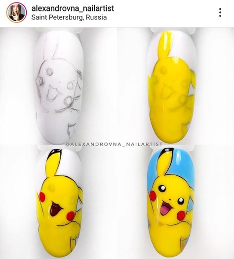 Pikachu Nails Nailart, Nail Art Designs Cartoon Characters, Pikachu Nails, Superhero Nails, Cartoon Nail Designs, Kids Nail Designs, Quick Nail Art, Nail Art For Kids, Nail Tutorial Videos