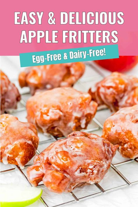 These Eggless Easy Apple Fritters are super simple to make, packed with fresh apple flavor, and crispy on the outside while soft and tender on the inside. Plus, you can have them ready in under 30 minutes, so they’re great for a quick breakfast, snack, or even an afternoon pick-me-up.  And since they’re egg-free and can be made dairy-free, they’re perfect for sharing with family and friends, no matter their dietary needs. It’s an easy, crowd-pleasing recipe that everyone will love. Eggless Breakfast Ideas, Easy Apple Fritters, Egg Free Dessert Recipes, Apple Fritters Recipe, Eggless Breakfast, Baked Apple Fritters, Egg Free Desserts, Egg Free Baking, Apple Fritter