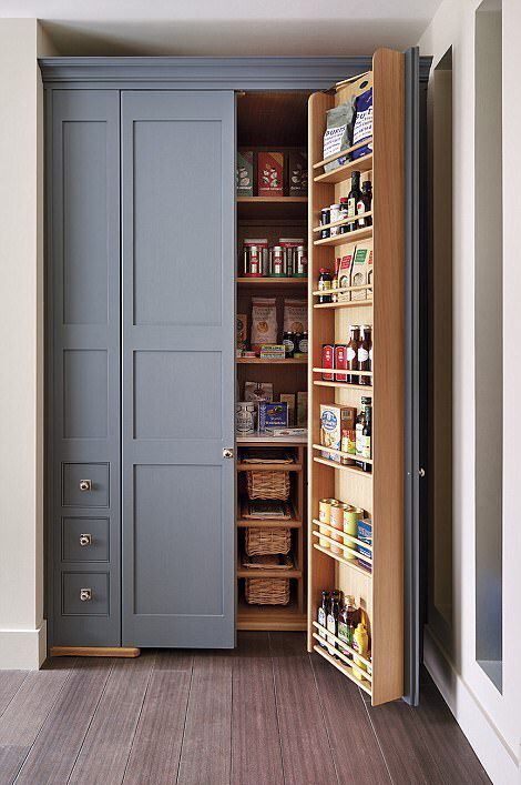 a built in pantry with lots of basket drawers, shelves on the doors and inside is a cool idea to use an awkward nook Shoe Storage Wardrobe, Built In Pantry, Kabinet Dapur, Pantry Cupboard, Diy Kitchen Renovation, Kitchen Pantry Design, Pantry Door, Pantry Design, Pantry Storage