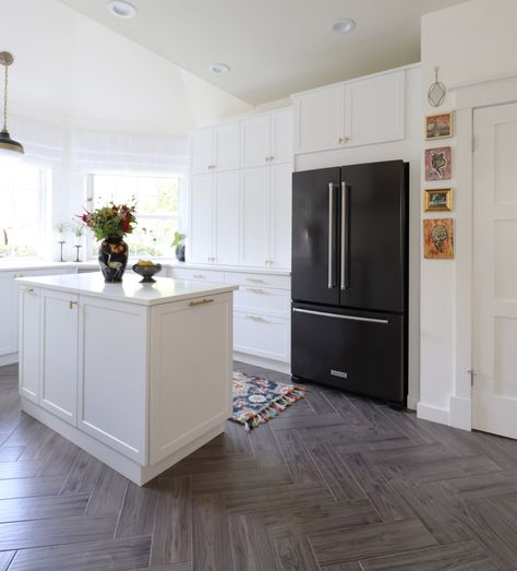 Love these herringbone floors! Ikea Doors, Bright White Kitchen, Black Fridge, White Kitchen Remodel, 1960s Kitchen Remodel, Cabinets Ikea, Black Fridges, Upper Kitchen Cabinets, White Kitchen Remodeling