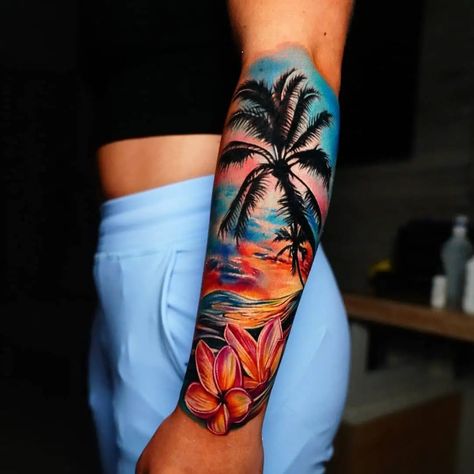 50 Beach Tattoo Ideas: Inspiring Designs for Ocean Lovers Tropical Floral Tattoo, Beach Theme Tattoos, Ocean Sleeve Tattoos, Beach Tattoo Ideas, Tattoo Ideas Back Spine, Beachy Tattoos, Tattoos About Mom, Beach Tattoos, Tattoos Cross