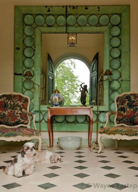 A Unique display of emerald and gemstones use in a fabulously luxury wall mirror. #green-framed-mirrors Interior Design Minimalist, Beautiful Mirrors, Large Mirror, Boho Home, A Mirror, On The Floor, Bathroom Shower, Mirror Frames, The Floor