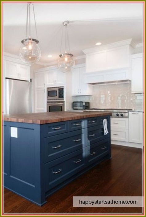 (ad) Black Kitchen Island with...  White Kitchen Island  Monarch White Kitchen Island... Navy Kitchen Island, Navy Kitchens, Kitchen Island With Butcher Block, Dining Ceiling, Kitchen Renovation Diy Ideas, Navy Blue Kitchen Cabinets, Kitchen Renos, Block Countertops, Navy Kitchen