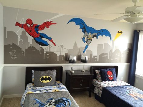 Batman And Spiderman, Spiderman Bedroom, Spiderman Room, Batman Room, Bedroom Design Diy, Superhero Bedroom, Spiderman Theme, Superhero Room, Toddler Boys Room