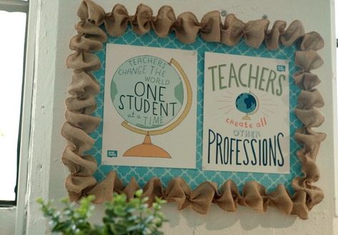 Budget-Friendly Burlap Decor Ideas to Give Your Classroom a Makeover Burlap Border, Burlap Bulletin Boards, Bulletin Borders, Classroom Decor Middle, Middle School Classroom Decor, Classroom Decor High School, Diy Classroom Decorations, Kindergarten Classroom Decor, Book Bins