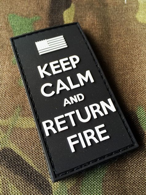 PRICES MAY VARY. HIGH quality PVC patch with a (hook/loop) back! Keep Calm and return fire is a play on a motivational poster produced by the British government in 1939 in preparation for the Second World War. The poster was intended to raise the morale of the British public in the aftermath of widely predicted mass air attacks on major cities. Although 2.45 million copies were printed, and although the Blitz happened, the poster was never publicly displayed and was little known about until a co Military Life Quotes, Army Usa, Funny Patches, Tac Gear, Tactical Patches, Pvc Patches, Military Humor, Velcro Patches, Tactical Clothing