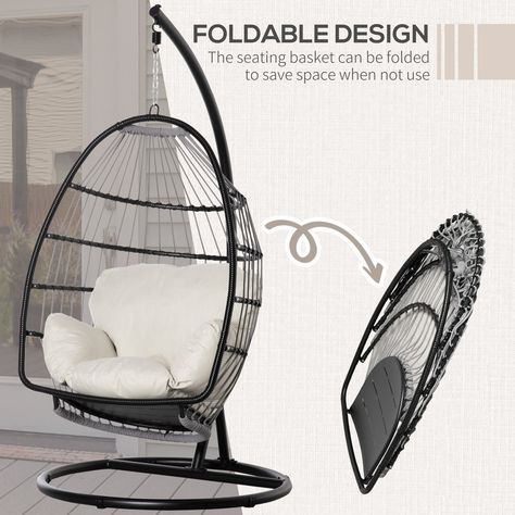 Rattan Folding Hanging Egg Chair: Weave Swing Hammock with Cushion and Stand for Indoor or Outdoor in Black https://www.refinedhomeliving.co.uk/products/rattan-folding-hanging-egg-chair-weave-swing-hammock-with-cushion-and-stand-for-indoor-or-outdoor-in-black Refined Home Living #Bestseller Foldable Seating, Garden Swing Seat, Hanging Hammock Chair, Hanging Egg Chair, Hanging Hammock, Swing Chair, Hammock Chair, Curved Back, Garden Patio Furniture