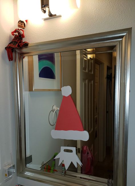 Day 4 - Elf on the Shelf Santa Mirror #elfontheshelf Elf Mirror Ideas, Elf Yourself Mirror, Elf Mirror, Elf On The Shelf Mirror Ideas, Elf Selfie Mirror, Elf On The Shelf Bathroom Mirror, Elf On The Shelf Selfie, Elf Writing On Mirror, Take An Elfie Mirror