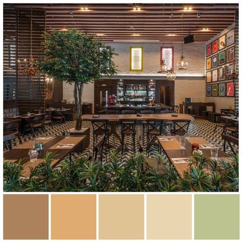 Green And Brown Restaurant Interior, Color Palette For Restaurant Interior Design, Restaurant Colour Combination, Tropical Tones Colour Palettes, Cafe Color Palette Interiors, Restaurant Colour Palette, Color Palette For Restaurant, Cafe Colour Palette, Brown Orange Color Palette