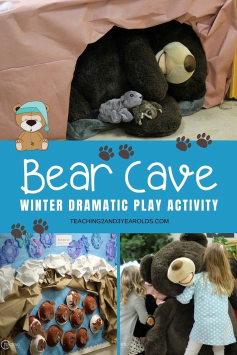 We created a winter dramatic play idea to learn about how bears sleep during the winter. We accompanied this with an adorable paper plate bear art activity! A fun activity to go with the book "Bear Snores On". #winter #bears #cave #hibernation #theme #dramaticplay #pretend #play #activities #preschool #3yearolds #classroom #teaching2and3yearolds Bear Cave Preschool, Paper Plate Bear, Winter Dramatic Play, Hibernation Preschool Theme, Dramatic Play Centers Preschool, Hibernation Preschool Activities, Wonderland Classroom, Hibernation Preschool, Hibernation Activities