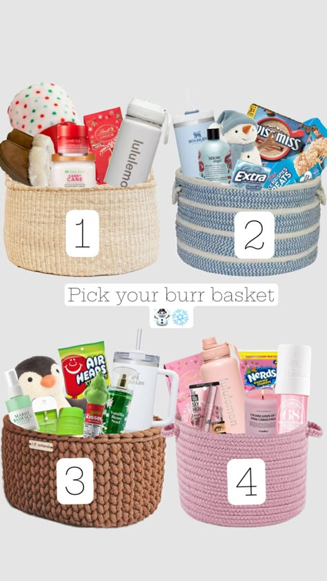 Choose you burr basket☃️❄️ Xmas Gift Baskets, Making A Gift Basket, Girly Christmas Gifts, Best Gift Baskets, Birthday Presents For Friends, Preppy Gifts, Birthday Basket, Cute Birthday Ideas, Cute Gifts For Friends