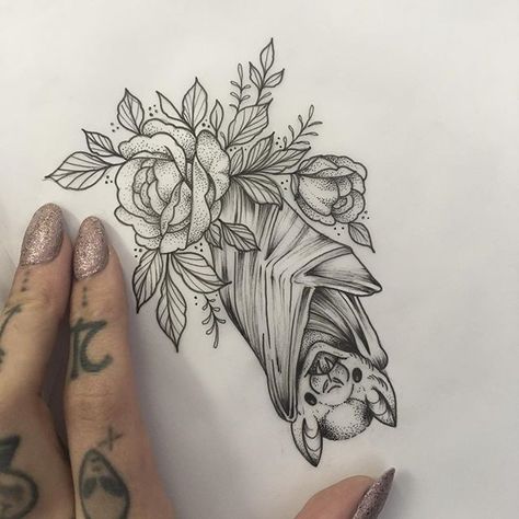 Beautiful Bat Tattoo, Bat And Rose Tattoo, Flower Bat Tattoo, Bats And Flowers Tattoo, Girly Bat Tattoo, Bat Floral Tattoo, Witchy Bat Tattoo, Bat Tattoo Design Drawings, Bat With Flowers Tattoo