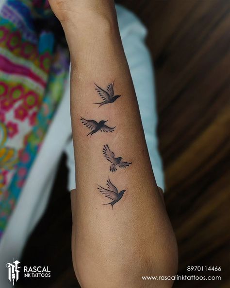 bird tattoo design • Instagram 4 Bird Tattoo, Sparrow Tattoo Forearm, Multiple Bird Tattoo, Wrist Bird Tattoos For Women, Four Birds Tattoo, Bird Tattoos For Women Arm, Bird Tattoo On Arm, Bird Forearm Tattoo, Dainty Bird Tattoos