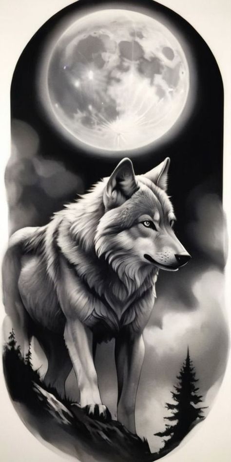 Wolf And Moon Tattoo Design, Wolf Full Moon Tattoo, Wolf Design Tattoo, Realistic Wolf Tattoo Design, Moon Wolf Tattoo, Moon Tattoo Design, Lup Singuratic, Cute Tattoo Ideas, Wolf Forest