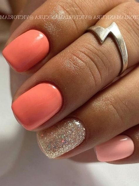 Peach Holiday Nails, Coral Nails With Accent Nail, Peachy Gel Nails, Gold And Coral Nails, Gel Nails Orange Summer Colors, Bright Salmon Nails, Spring Nails Orange Coral, Coral And Peach Nails, Peach And Gold Nail Designs