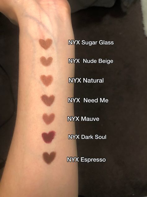 NYX Lip Liner swatches: Sugar Glass, Nude Beige, Natural, Need Me, Mauve, Dark Soul, Espresso Nyx Products Aesthetic, Nyx Lip Liner Expresso, Nyx Lip Liner Shades, Nyx Ever Lip Liner, Dior Lip Liner Brown Fig, Nyx Lip Combo By Skin Tone Range, Mauve Nyx Lip Liner, How To Make Lip Liner Last, Nyx Lip Pencil Swatches