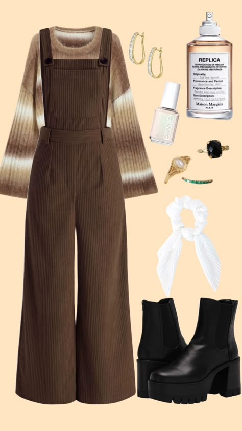 Shaul Outfits Winter, Unique Style Outfits Weird, Coffee Shop Outfit Aesthetic, Brown Overalls Outfits, Cozy Academia, Jumpsuit Outfit Ideas, Retro Style Women, Modest Girly Outfits, Boho Cozy