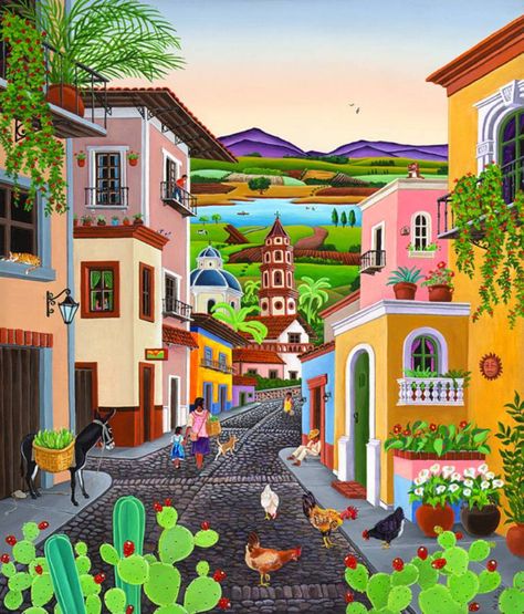 Raul Del Rio, Mi Pueblo Mexican Artwork, Mexican Paintings, Nature Art Prints, Mexico Culture, Colorful Places, Latin American Art, Mexico Art, Naive Art, Mexican Art