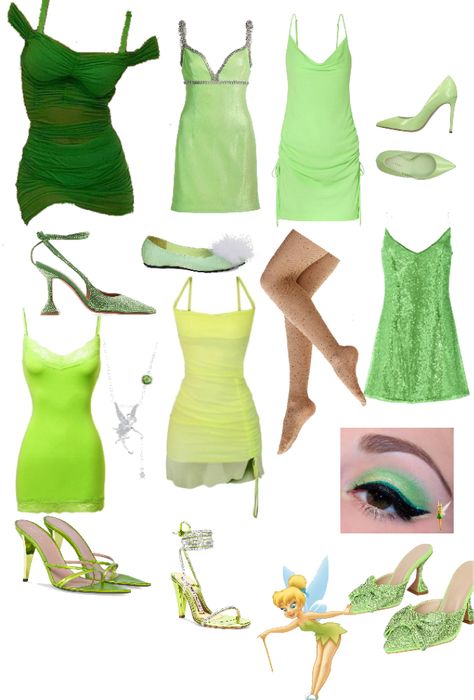 Tinkerbell Modern Outfit, Tinker Ell Halloween Costume, Fairies From Tinkerbell Costumes, Aesthetic Tinkerbell Costume, Tinker Bell Outfit Ideas, Adult Tinkerbell Costume Diy, Tinker Bell Hairstyles, Tinker Bell Costume College, Tinker Bell And Vidia Costume