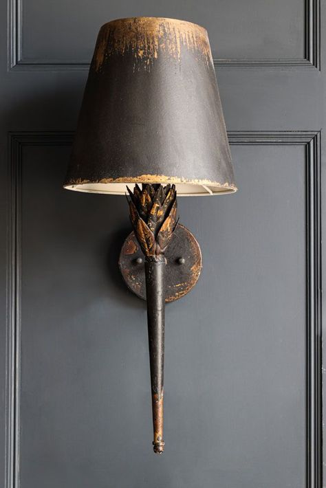 Aged Effect Black & Old Gold Torch Wall Light | Rockett St George House Lounge Ideas, Light Fixture Living Room, Emerald Green Living Room, Castle Core, In Wall Lights, Cast Iron Shelf, Boho Bar, Antique Wall Lights, Drury Lane