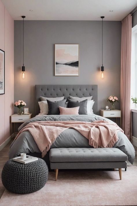 Boho With Grey Walls, Bedding Ideas With Gray Headboard, Grey Oak Bedroom Ideas, Dove Grey Bedroom Ideas, Black Grey Blush Bedroom, Bedroom Ideas Colour Scheme, Grey Bedroom Ideas With Black Furniture, Gray Bedroom Walls With A Pop Of Color, Dark Grey Pink Bedroom