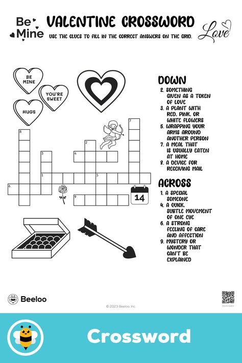 Advanced valentine-themed crossword puzzle for kids ages 8 and up Puzzle Valentines For Kids, Couples Crossword Puzzle, Word Search Valentines, Valentines Crossword Puzzle, Valentines Puzzles, Puzzle For Kids, Crafts And Activities For Kids, Free Printable Activities, Strong Feelings