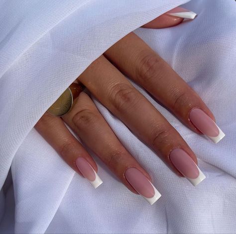 Narrow Square French Tip Nails, Elegant French Tip Nails Classy, Straight Line French Tip Nails, Narrow Square Acrylic Nails, French Tip Nails Styles, Denver Nails, Side French Nails, Medium Square French Tip, Classic French Tip Nails