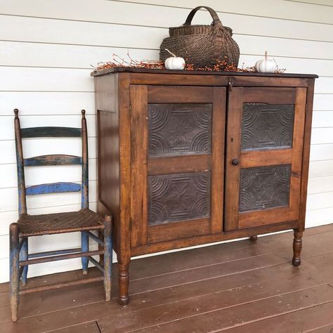 Antique PIE SAFE Cupboard - AAFA - Folk Art - Punched Tins - Walnut - Southern #AmericanCountry Antique Pie Safe, Historic Kitchen, Old Mother Hubbard, Jelly Cupboard, Tin Panel, Tv Console Table, Punched Tin, Vintage Buffet, Antique Furniture For Sale